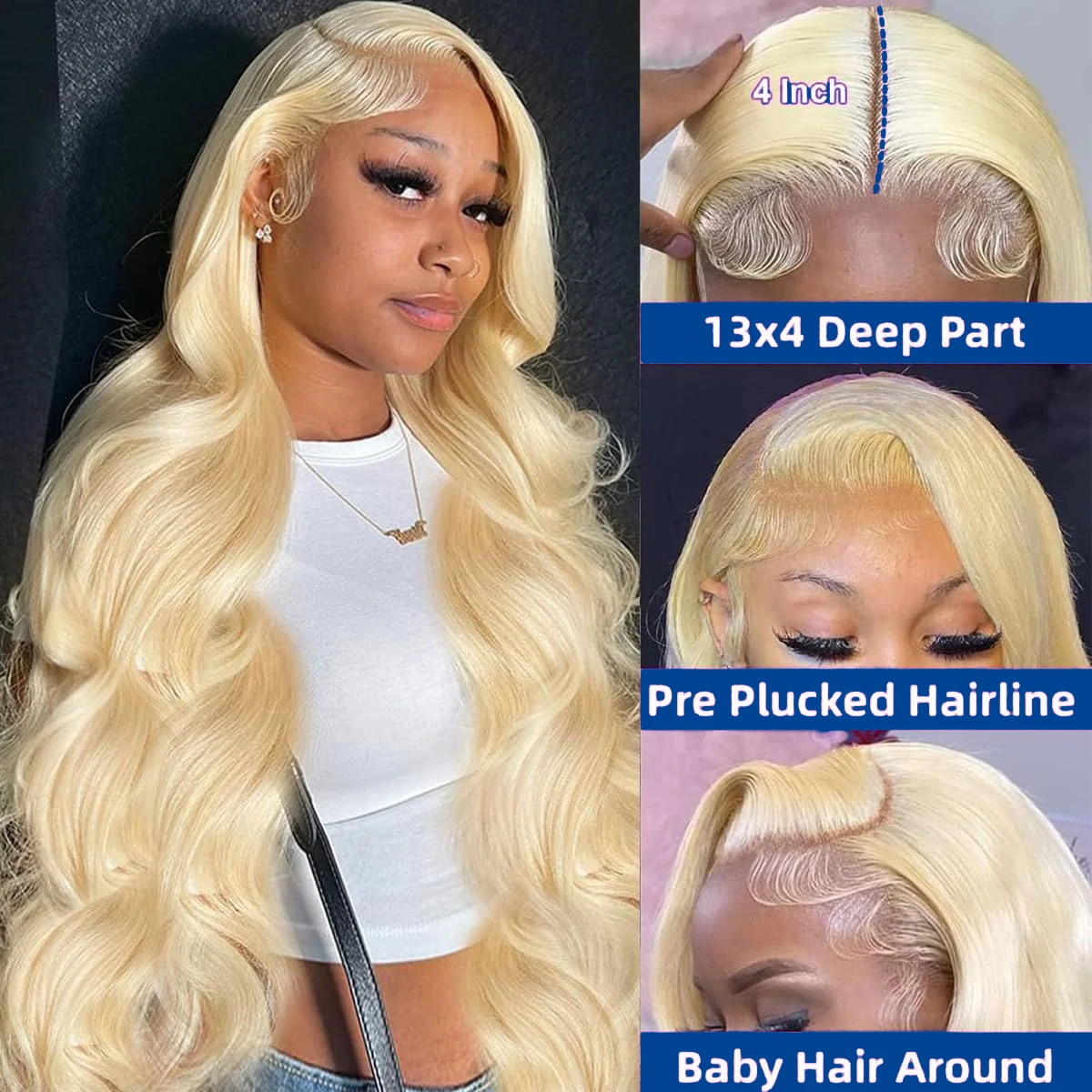 Perruque Lace Front Wig Body Wave brésilienne naturelle, cheveux lisses, blond miel, 13x4, HD 613