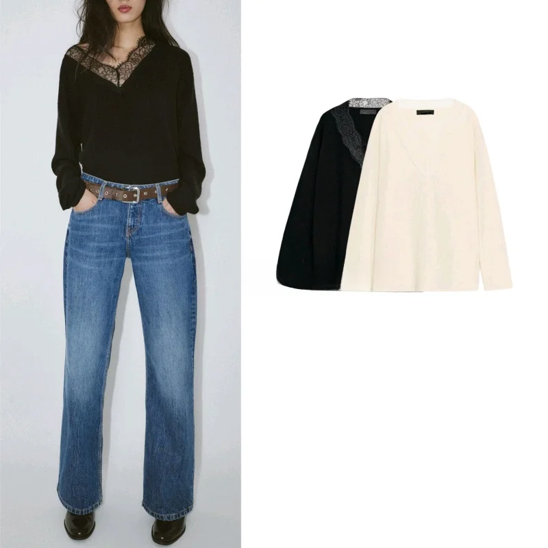 

Autumn Winter Women's Ribbed Lace Knit Sweater V-Ne Long Sve Soft Cozy Base Layer Loose Fit Gentle Sle 575525