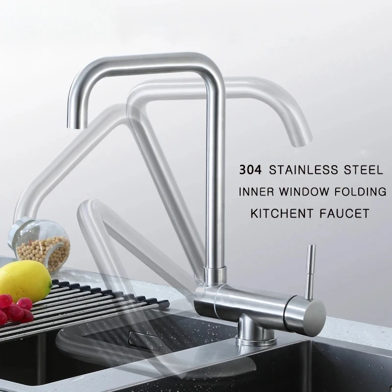

Stainless Steel Faucet Lead-Free Folding Mixer 360 Degree Swivel Single Handle Nickel Kitchen Sink Taps
