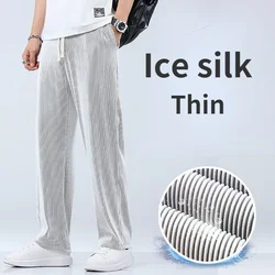 Calça reta solta de seda de gelo masculina, seção fina, perna larga, calça esportiva casual, 100kg, verão