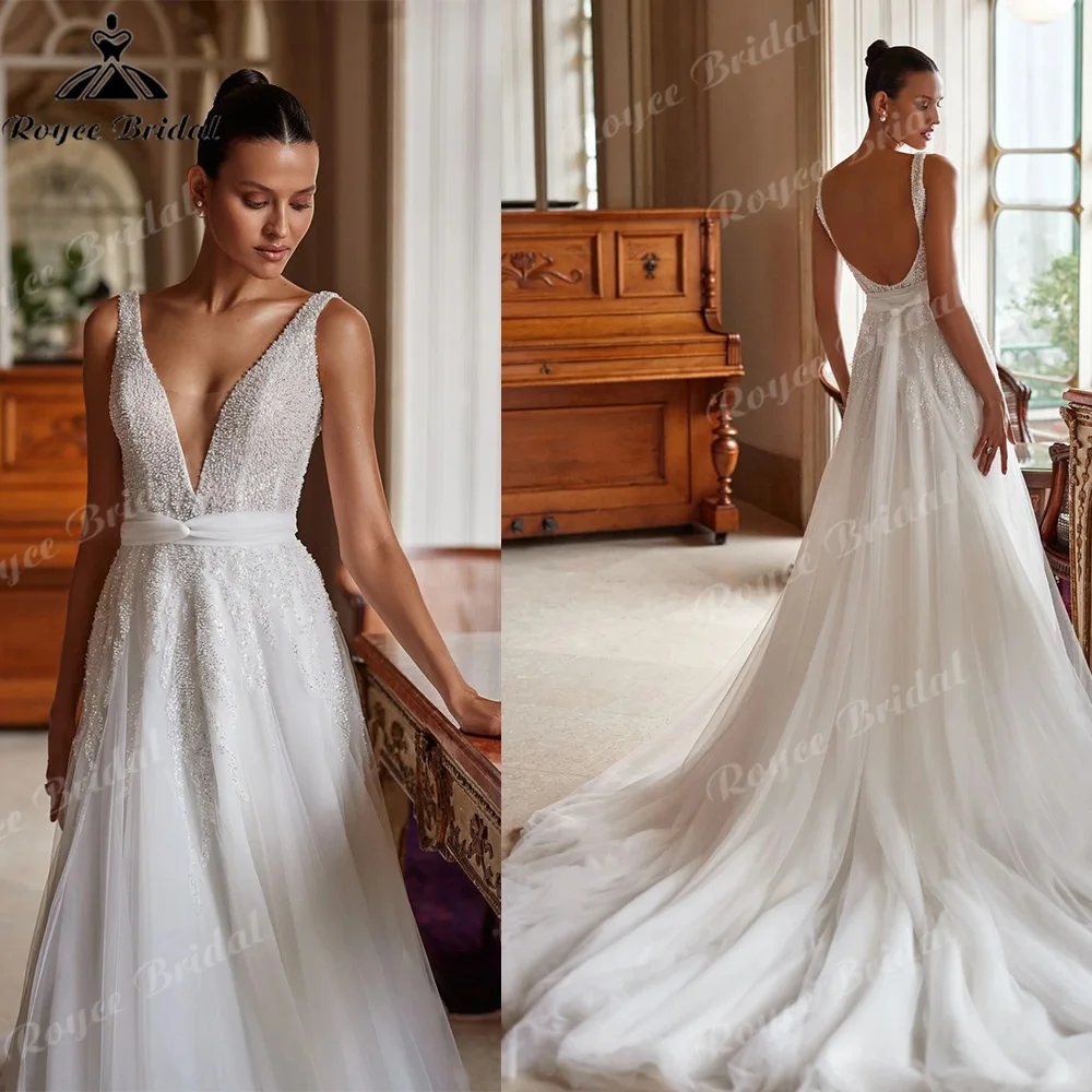 Deep V Beaded A Line Wedding Dress Low Scoop Back Multi-Layer Airy Tulle Cathedral Train Luxury Manor Bridal Gown Customized