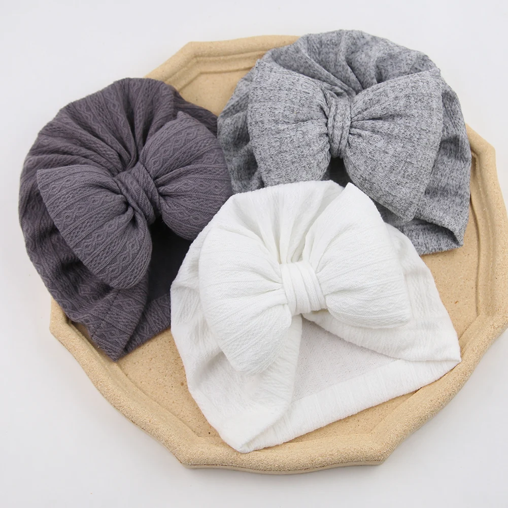 3Pcs/Lot Lovely Bowknot Knitted Baby Hats Solid Baby Girls Boys Turban Bonnet Soft Newborn Cap Kids Lace Beanies Headwraps