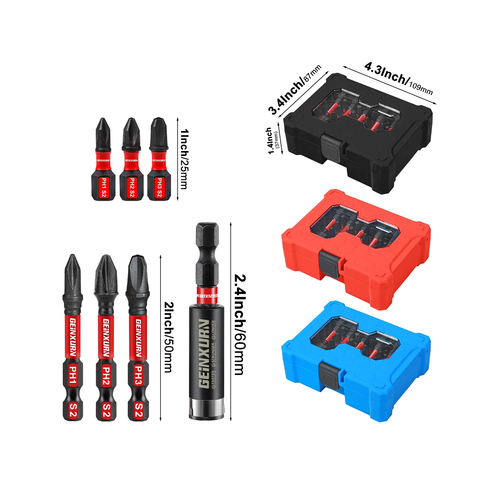 Geinxurn Box Packaged Phillips Screwdriver Bit Set(BLACK/BLUE/RED), S2 Steel Impact Magnetic Power Bit with Impact Bit Holder