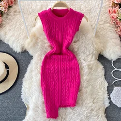 New Design Twist Knitted Bodycon Dress Women Solid O-neck Sleeveless Tassels Irregluar Slim Stretch Bandage Mini Sweater Dress