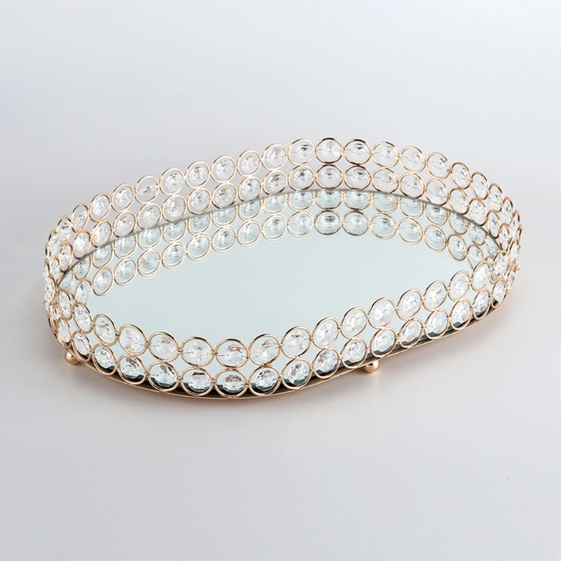 Mirror Tray Crystal Cosmetic Perfume Decorative Tea Lights Jewelry Trinket Tray Vanity Makeup Tray for Dresser Storage Bathroom