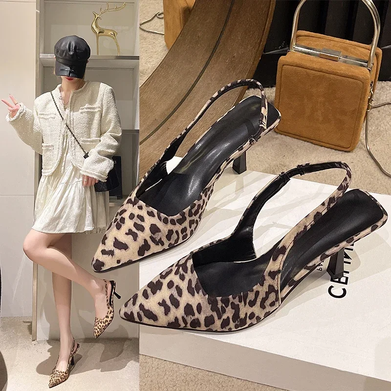 

2024 Summer Leopard Women Sandals Fashion Elegant Shallow Pointed Toe Shoes Ladies Outdoor Party Dress High Heel Sandalias