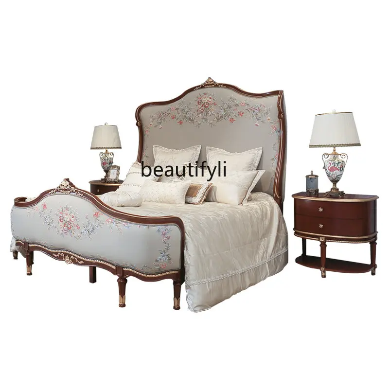 yj French Furniture Villa Bedroom Embroidery Carved Jacquard Fabric Solid Wood 1.8M High Back Bed