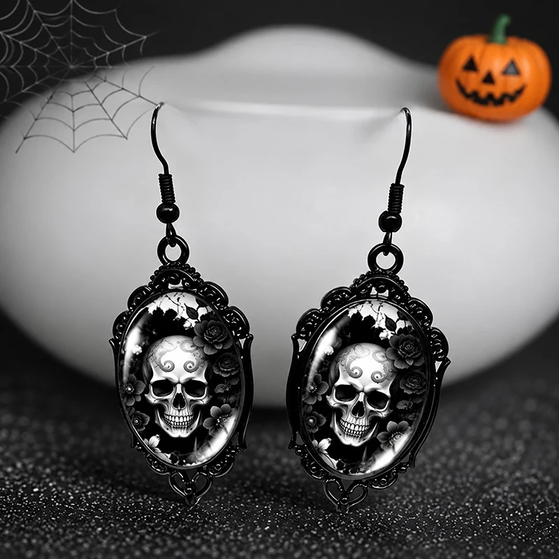 Gotische Halloween-Totenkopf-Blumen-Ohrringe, Punk-Oval-Glas-Hängeohrringe, Vintage-Schmuck für Frauen und Mädchen