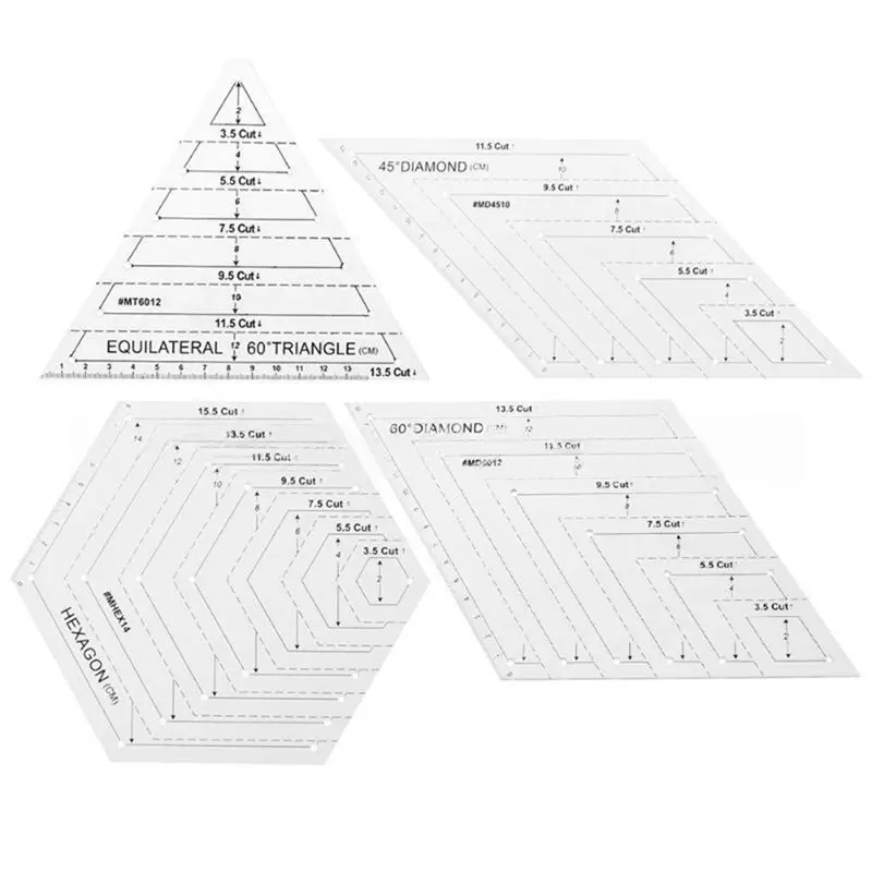 

A25F-4Pcs Quilting Ruler Set, Clear Plastic Quilting Square Template Triangle Hexagon 45 60 Degree Ruler