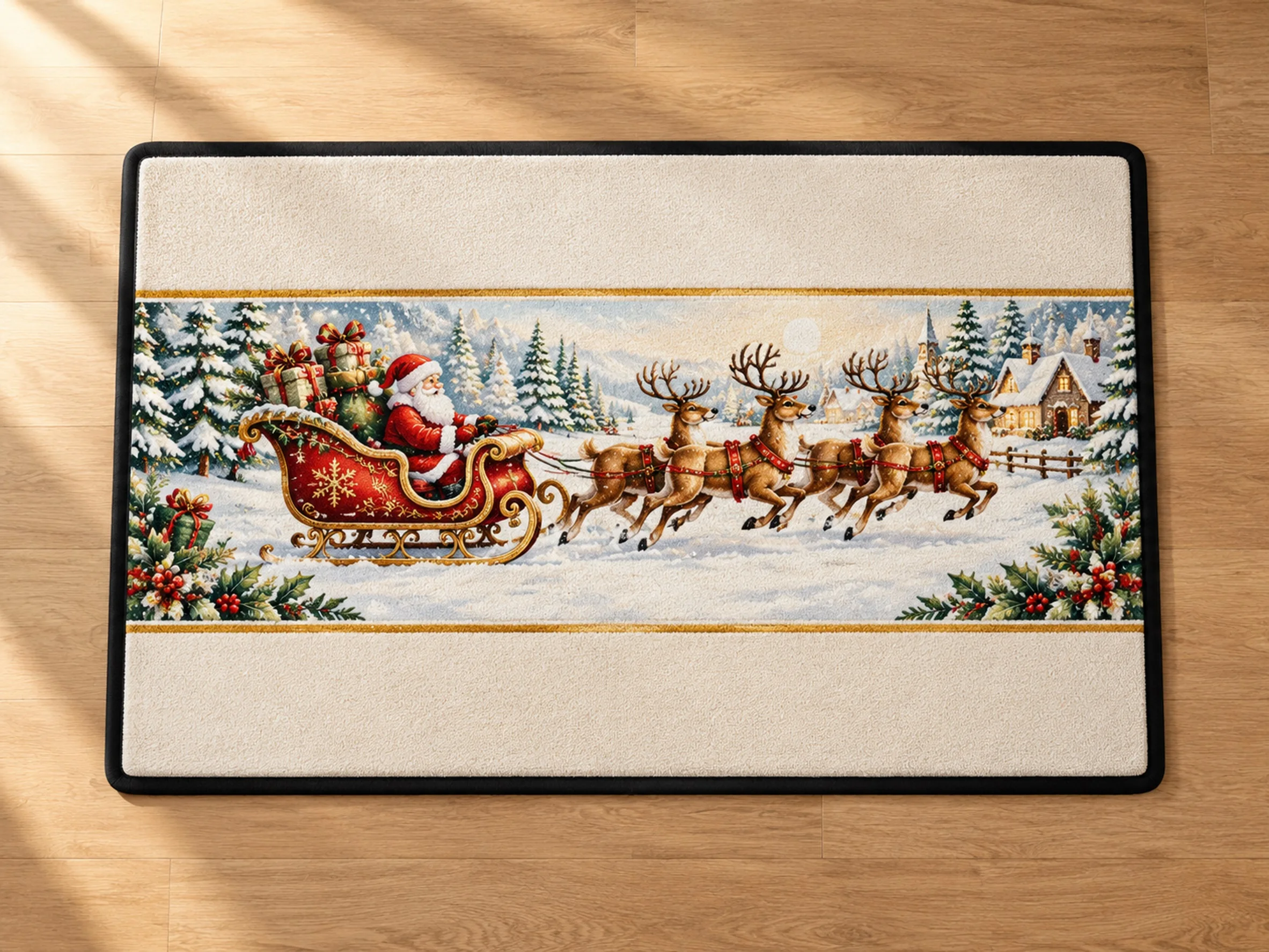 VIKAMA Christmas Gold White Sleigh Flannel Door Mat, Memory Foam Anti-Slip Mat, Xmas Decor for Playroom, Dining Room, Guest Room
