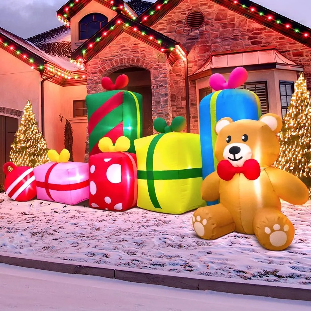 10FT Giant Christmas Inflatables Outdoor Decorations Gift Boxes And Bear,Blow up Yard Decorations With LED Light For Xmas O