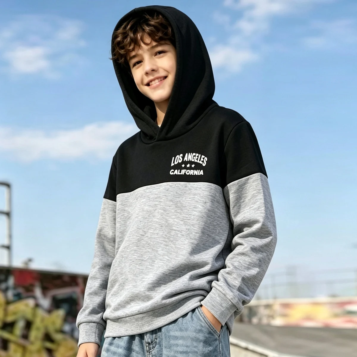 Autumn children's fashion color blocked hoodie for boys and girls casual sports street cool and handsome top warm long sleeved T