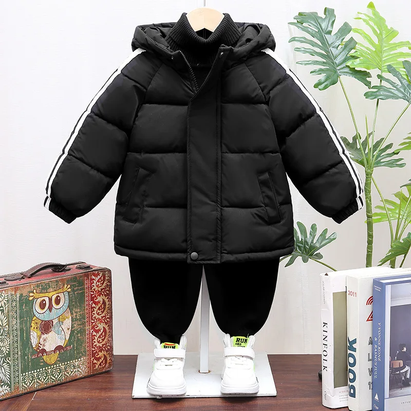 Boys\' New Winter Kids Down Jacket Hooded Solid Mid-Length Warm Coat Cold Protection Hooded Cotton Windbreaker Outerwear 3-10Y