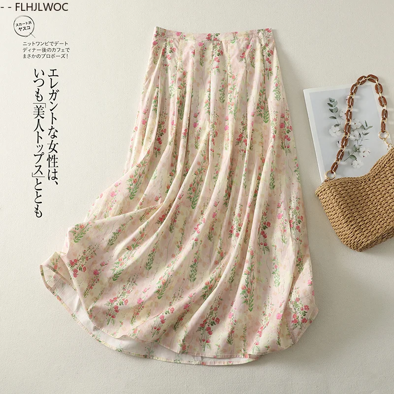 FLHJLWOC Floral Print High Waist A Line Midi Skirts Hot Sales Woman Summer Elegant Wedding Cute Retro Vintage Long Skirt