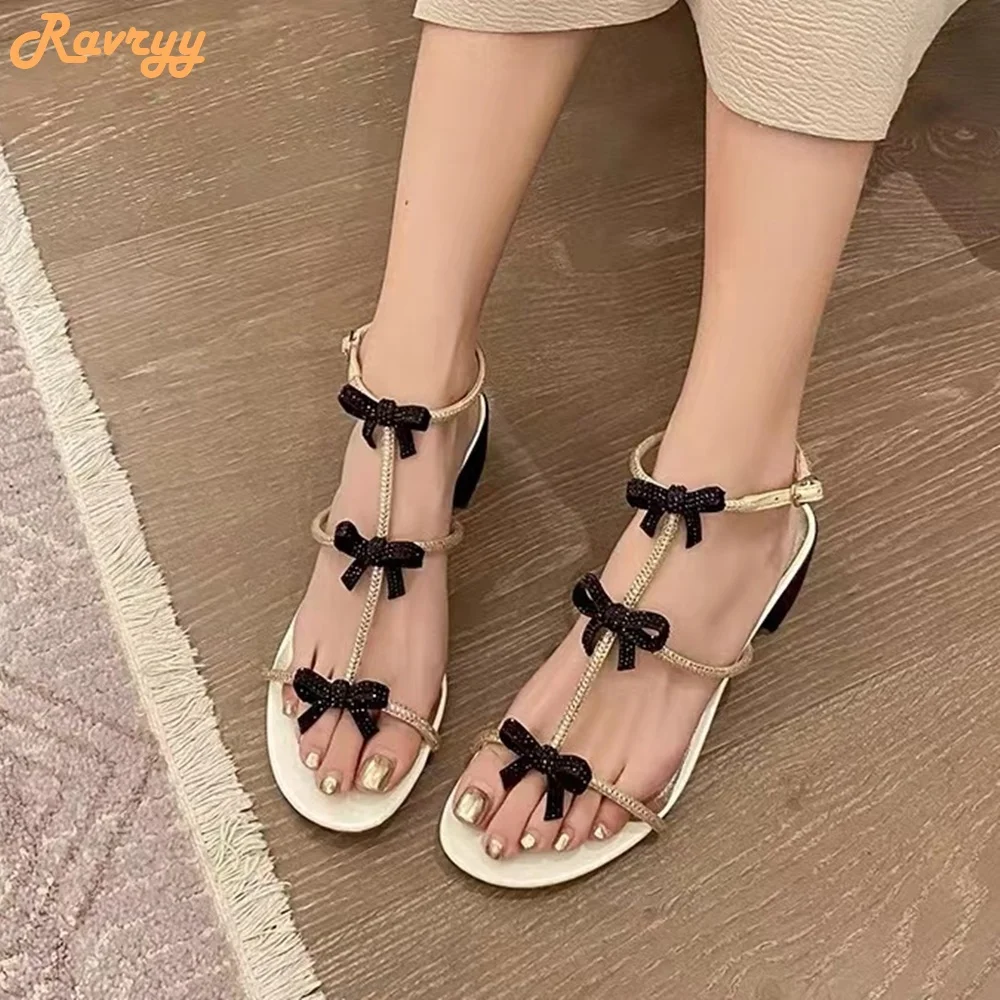 Crystal Bling Bling Bow Sandals Chunky Heel Ankle Strap High Heels Gold Silver Shiny Rhinestone Sandals Women Summer Luxury Shoe