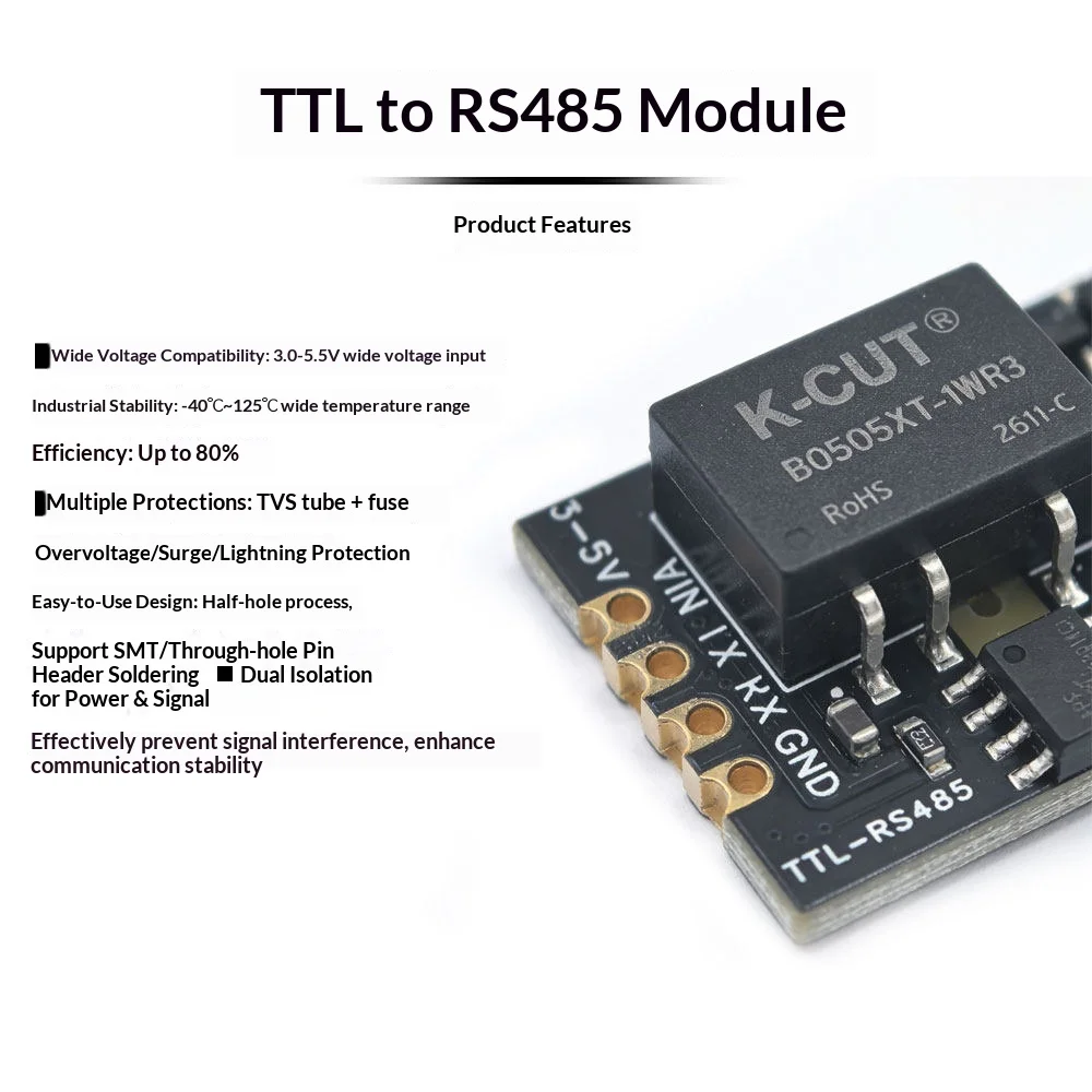 Industrial Dual Isolated TTL to RS485 Module 1.5kV Isolation Auto Transceiver 3-5.5V UART Serial Converter SMT Half-hole RS485