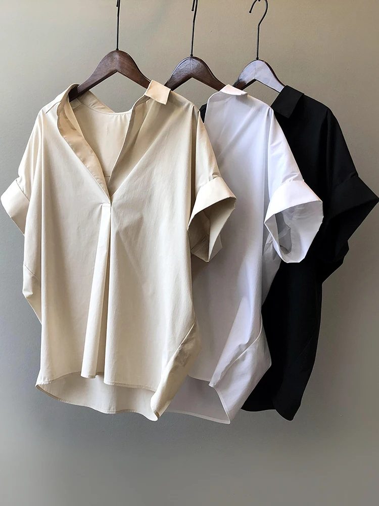 

Minimalist Commuter Blouses Women's 2024 Summer Chic Fashion Solid Color Turn-down Collar Short Sleeve Tops Loose Shirts