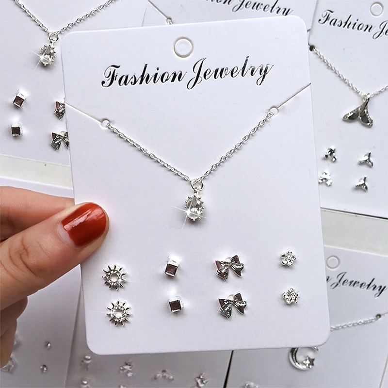 1set Trendy Zircon Pendant Necklace with 4 Pairs Stud Earrings Fashion Jewelry Set Simple Silver Color Clavicle Chain Ear Stud image 6