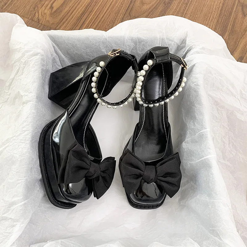 Bow 9cm High Heels, Chunky Heels Mary Jane Shoes Pearl Line with Waterproof Platform Single Shoes, Bao Toe Sandals Buty damskie