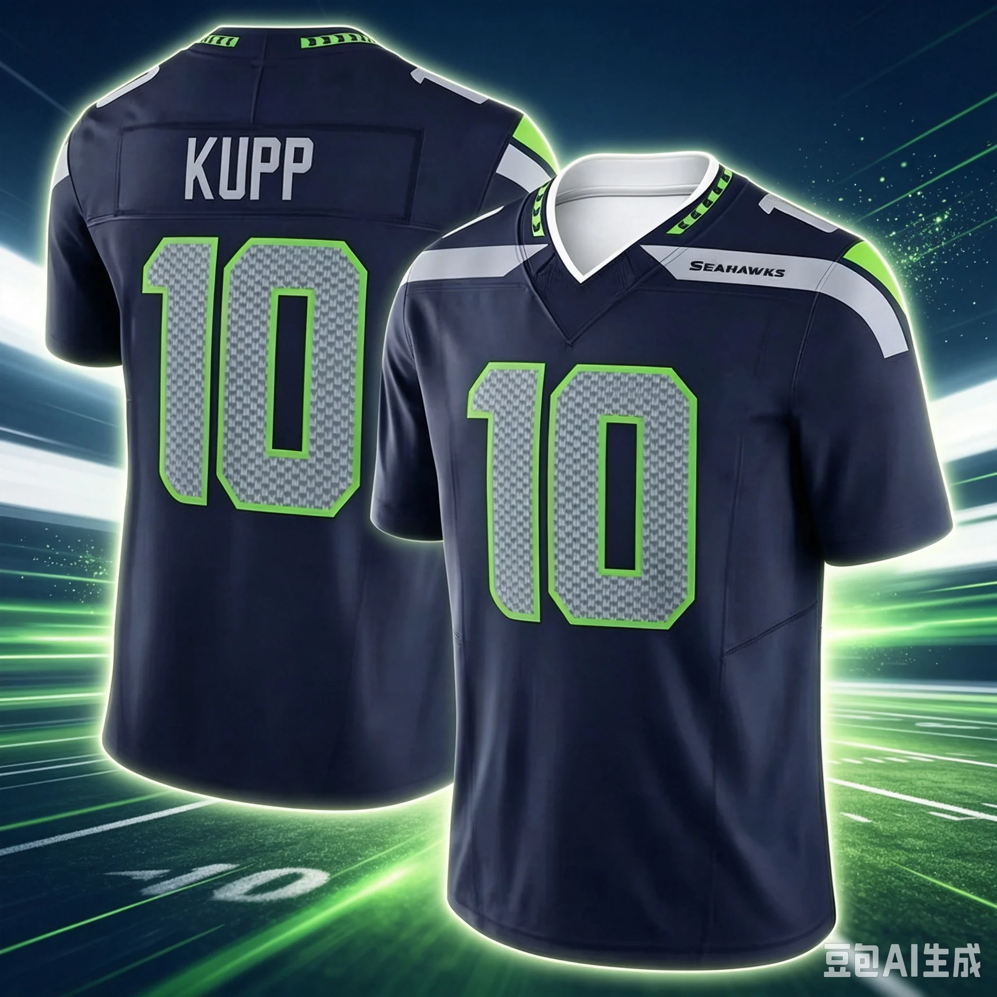 New Men Seattle #10 Kupp Navy Home Jersey Name Number V Neck Short Sleeve Breathable Sports  Game Fan Daily Wear Family Matching