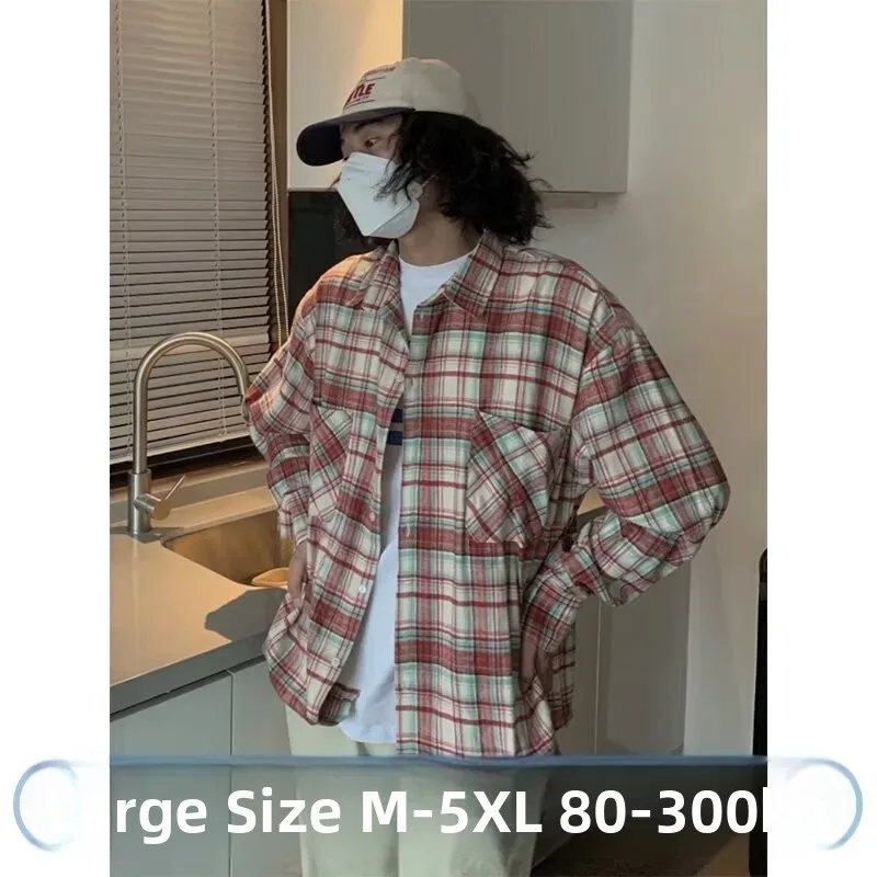 

Loose Fit Plaid irt Men's Autumn Winter Large Size 250 Pou American Retro Stripes Long Sve irt Coat Youth Faion