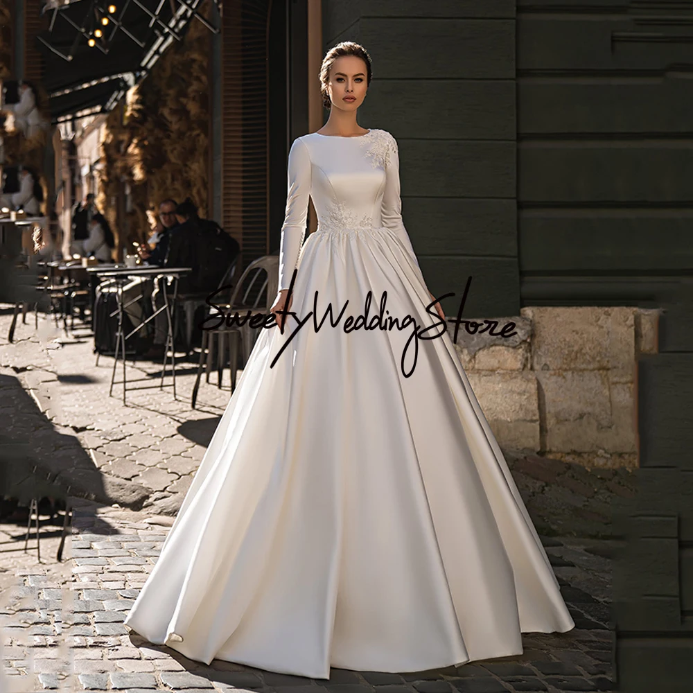 

Modern Muslim Wedding Dress Vestido De Noiva O Neck Long Sleeves Sequin Applique Sweep Train Arabic Satin Bridal Gown for Bride