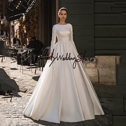 Vestido de noiva muçulmano, personalizado, mangas compridas, lantejoulas, apliques, trem de varredura, cetim árabe, vestido de noiva para noiva