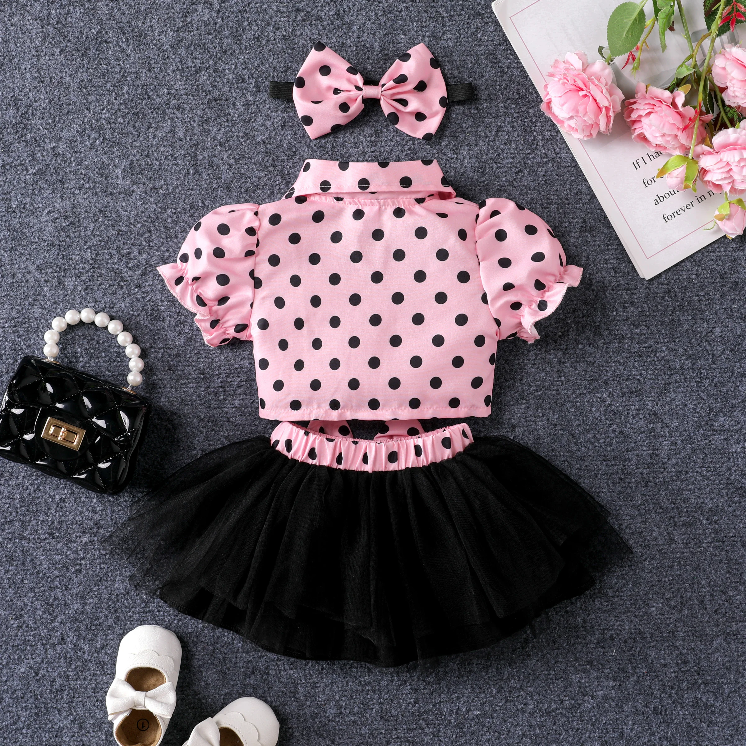 PatPat 3pcs Baby Girls Sweet Polka Dot Ruffle Top and Dress and Skirt Set