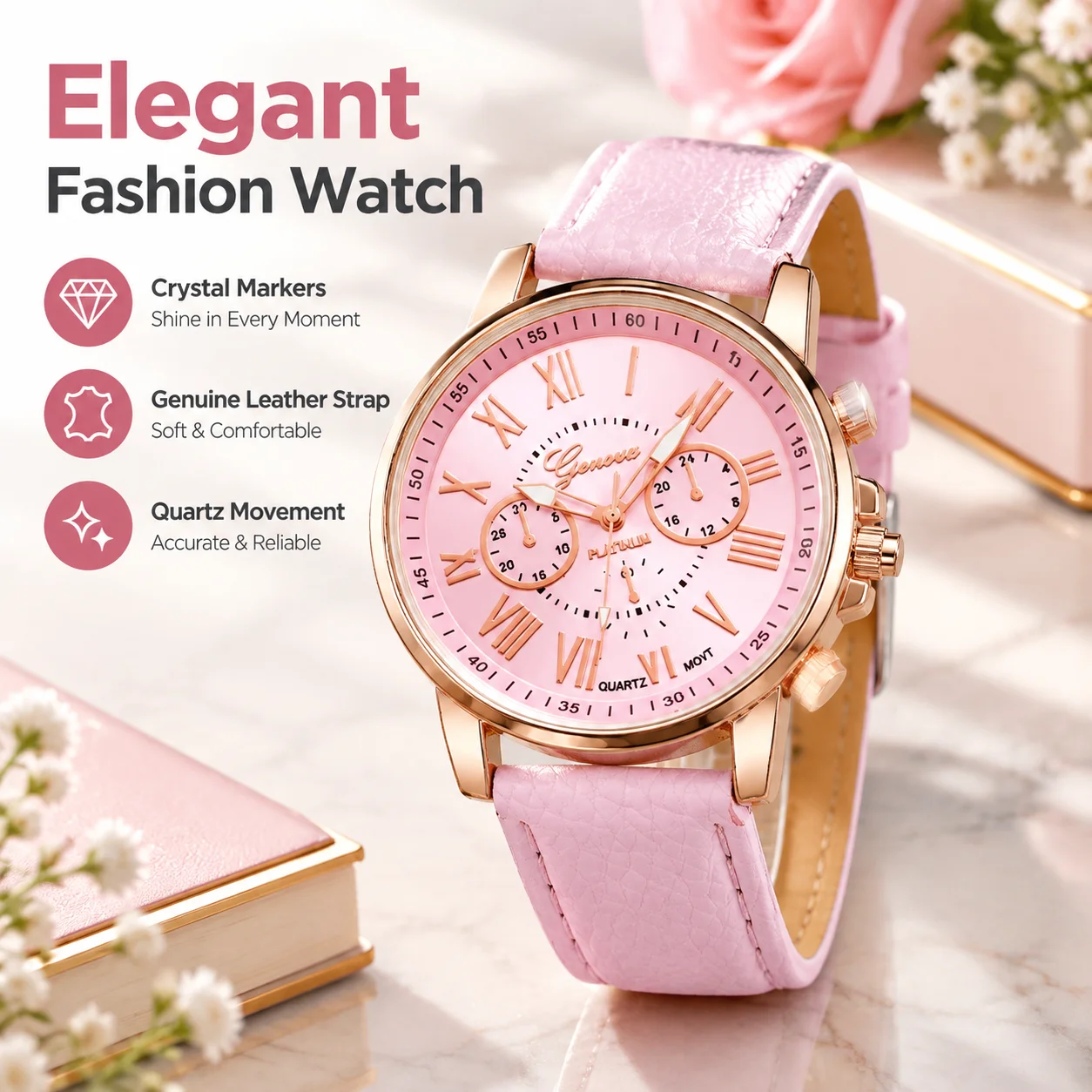 Women's Rose Gold Quartz Analog Watch - Genuine Leather Strap, Crystal Markers, Elegant Fashion Wristwatch