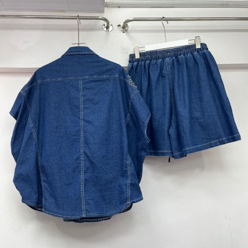 ユニークなデザインの女性のルーズ半袖シャツ新しい夏ヨーロッパ重工業ファッションワイドレッグショーツデニムジャケット 2 個セット