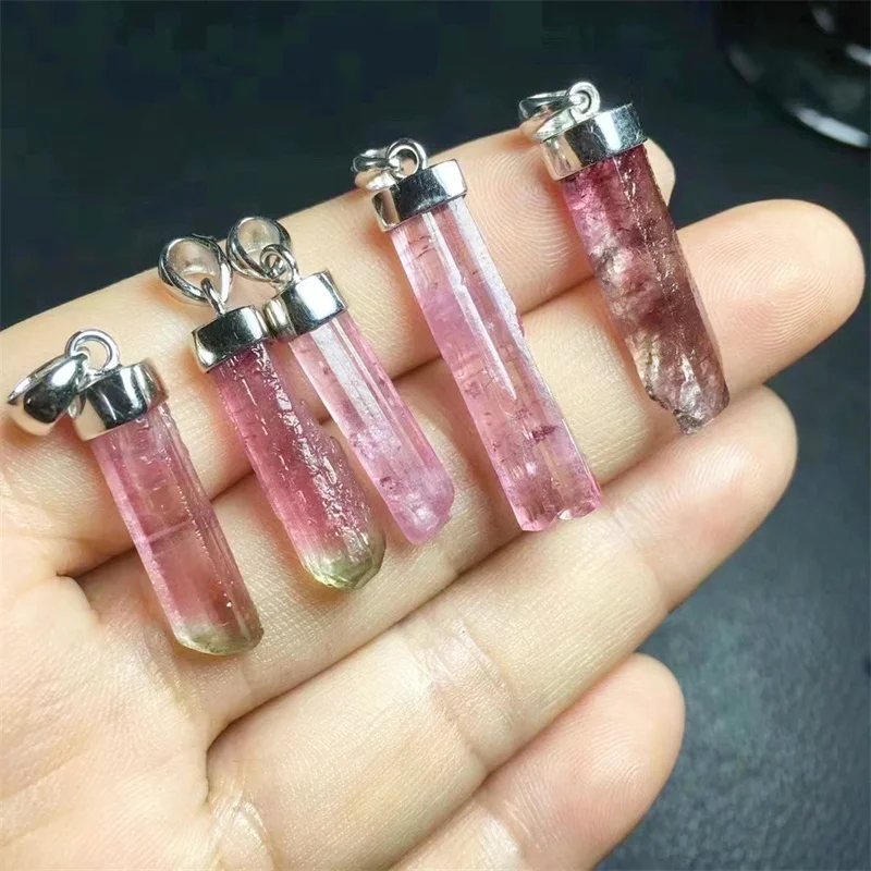 S925 Natural Clear Tourmaline Pillar Pendant Fashion Fengshui Free Form Stone Pendant For Healing Gift