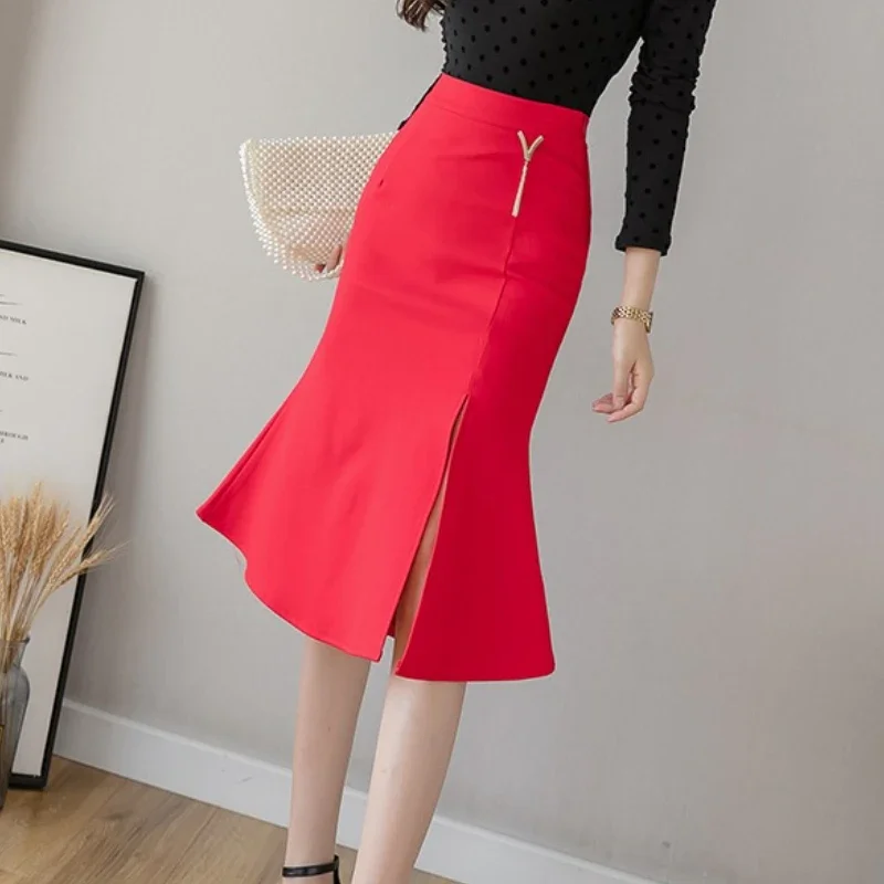 Solid Big Size Mid-Length Fish Tail Skirt Bodycon Midi Skirt 2025 Spring Summer High Waist Vintage Office Lady Pencil Skirts