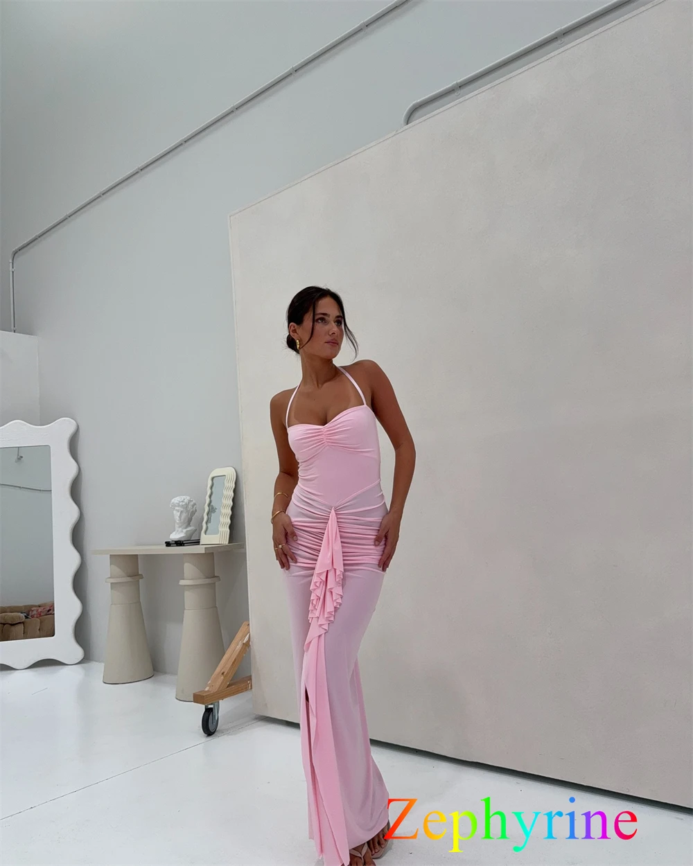 Personalizado sereia simples camisa rosa vestido de noite clássico halter sem mangas vestidos de baile moda vestido de festa