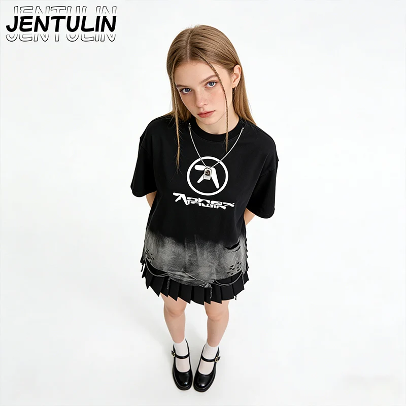 Y2k Streetwear Harajuku Aphex Twin Shirt Washed Black Grey Gradient Drawstring Ripped Hem Loose Short Sleeved T-shirt Aesthetic