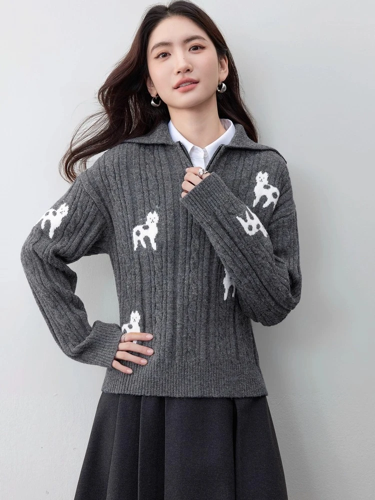 SENTUBILA Maglioni da donna Colletto rovesciato Maglione lavorato a maglia con mezza zip 2025 Autunno Inverno Pullover a maniche lunghe vestibilità ampia W53EH3378