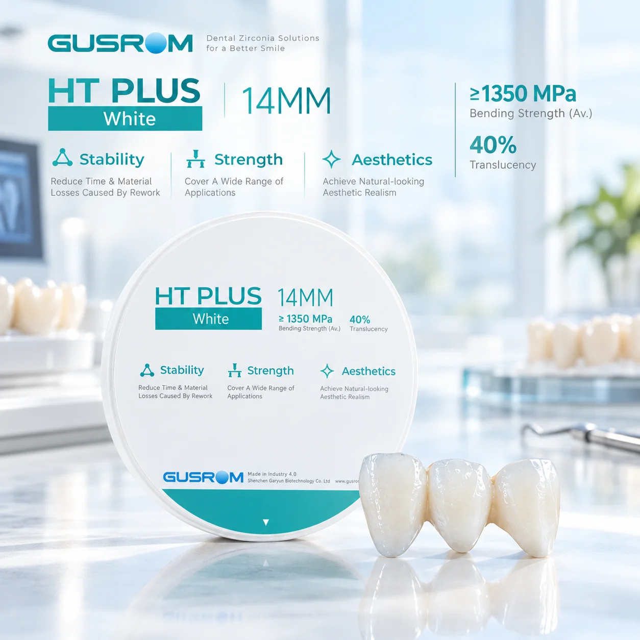 GUSROM HT PLUS Zirconia Block 98mm High Strength 1200MPa 40% Translucency Dental CAD/CAM Zirconia Disc for Inlay Restoration