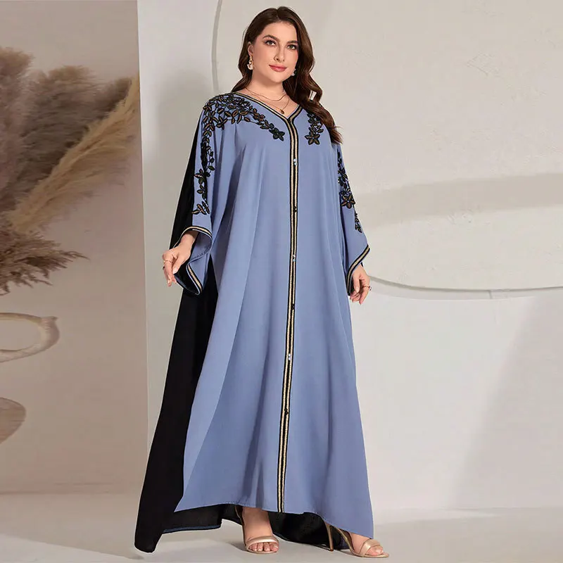 

KYP868 Women's Wear Türkiye High Density Ice Silk Zou Large Size Dress Casual Color Contrast Embroidery Robe