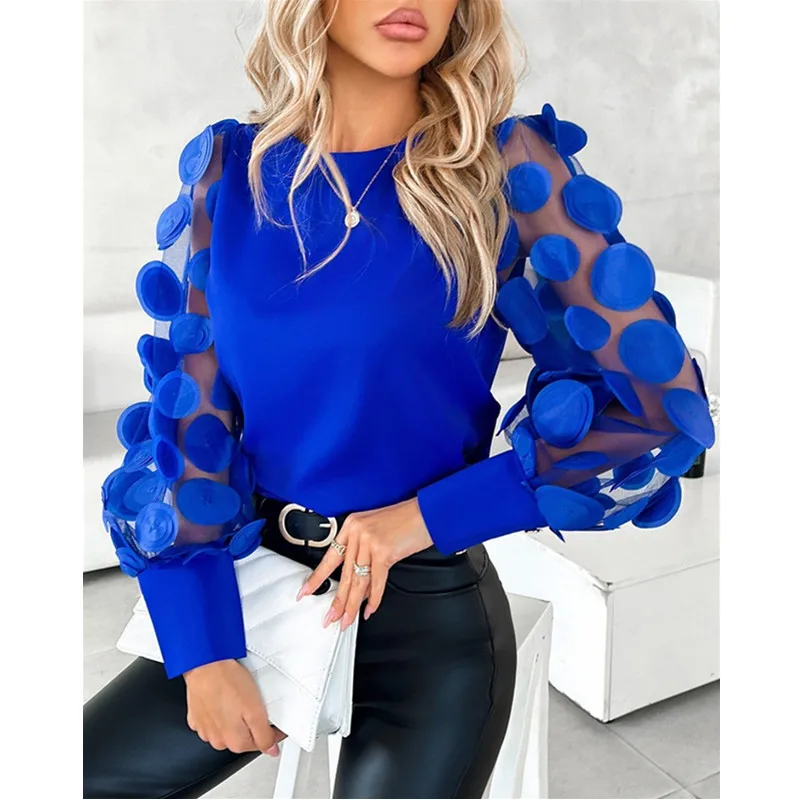 Fashion Women's Blouse Lace Long Sleeve O-Neck Casual Tops Red Lace Floral Splice Shirt Tops Street Personalized Women's Shirt