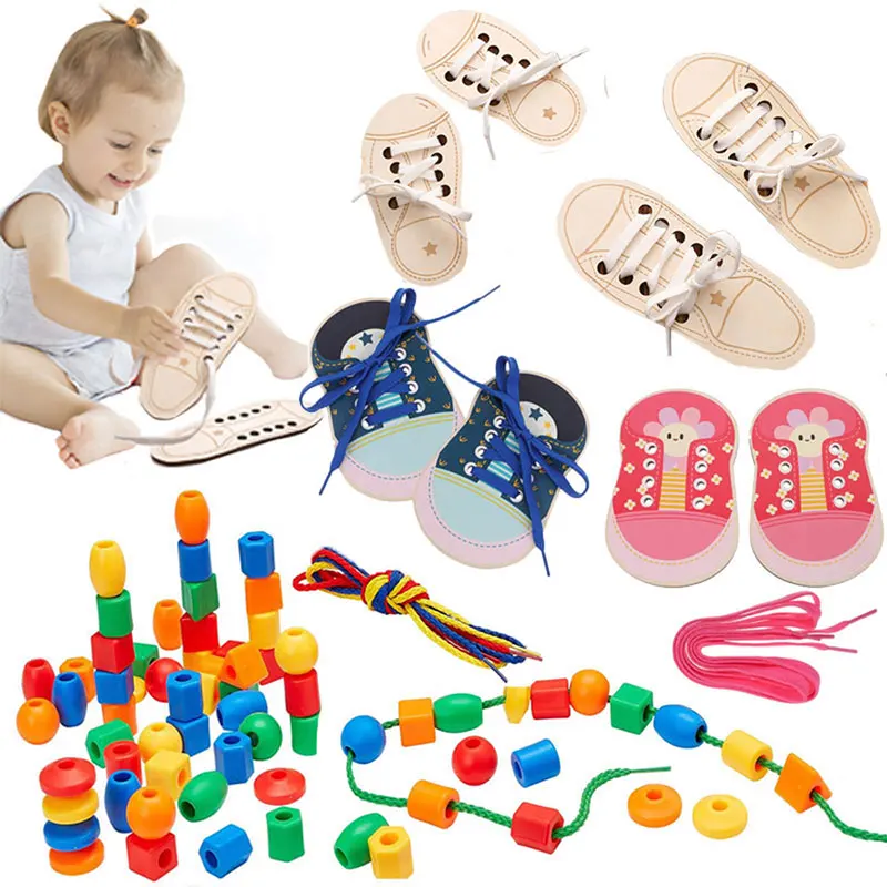 Montessori Toys Wooden Lace-up Shoe Toys Early Learning Basic Life Skills Learn To Tie Shoelaces Developmental Toys For Children