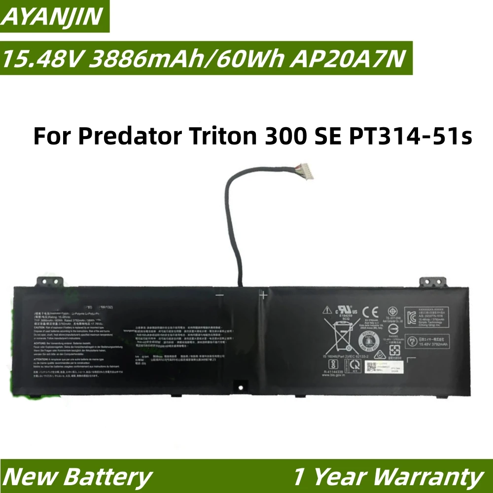 Laptop Batterij Ap20a7n 15.48V/3886Mah/60wh Voor Roofdier Triton 300 Se PT314-51s Notebook