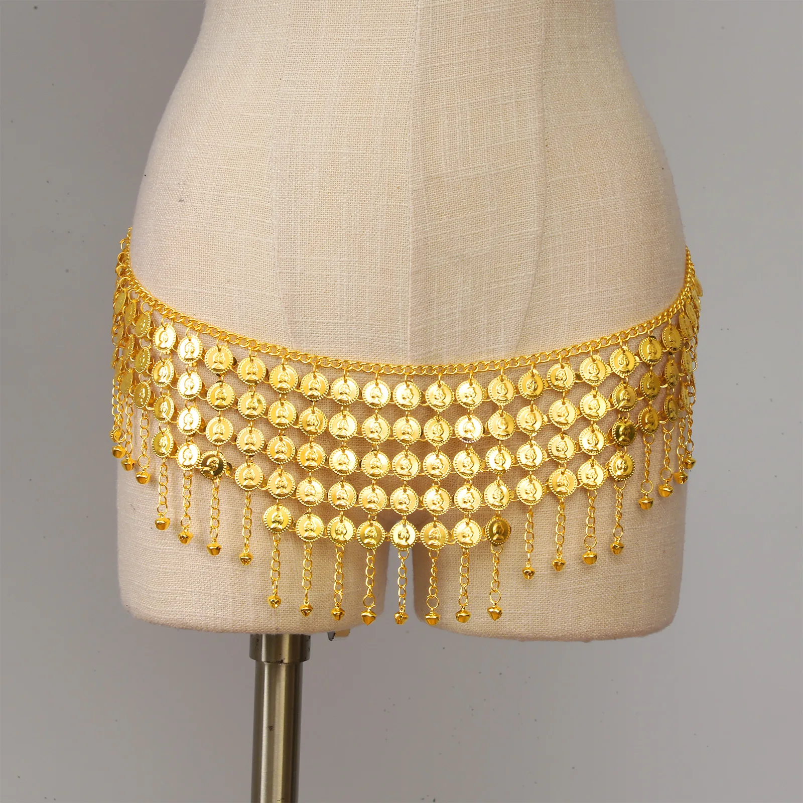 Cadena de cintura con colgante de campana para mujer, Color dorado nuevo, elegante, Sexy, Bikini, cinturón de fiesta, joyería para el cuerpo, danza del vientre, bufanda de cadera, 1 ud.
