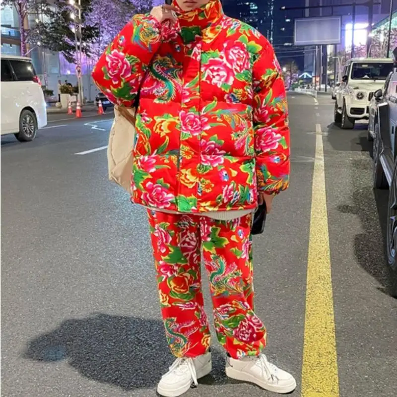 Winter Clothes For Men 2 Piece Set Puff Parka Long Pants Set Men Fashion Clothing Flower Printing Casual Outfits Chinese Style