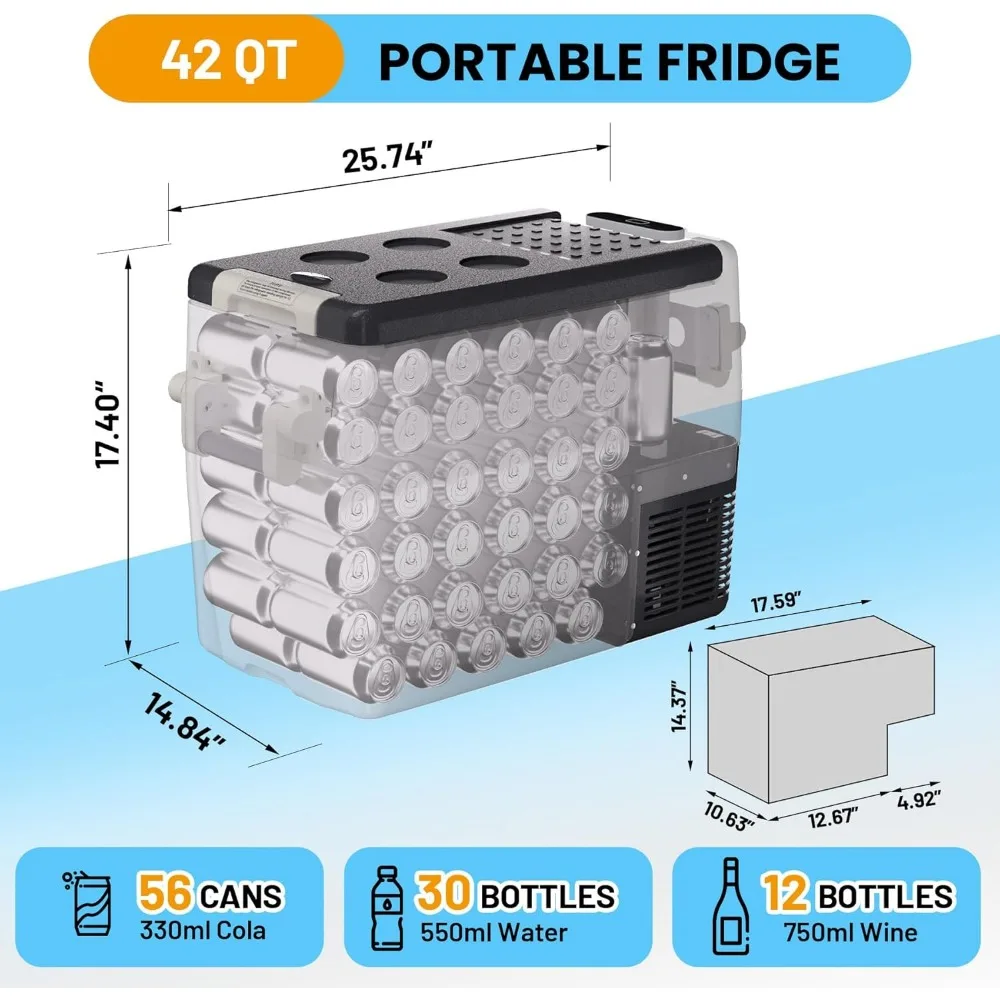 مبرد كهربائي 42QT (40 لتر)، ثلاجة 12 فولت، فريزر محمول 12 فولت/24 فولت تيار مستمر 110-240 فولت تيار متردد، ثلاجة 12 فولت 0 ℉ ~50 ℉ ، ثلاجة سيارة 12 فولت