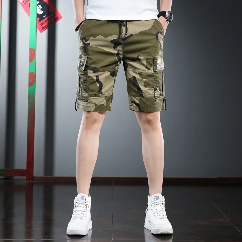 Fashion Camouflage Shorts Men 2022 Summer Casual Multi-Pocket Gray White Drawstring Short Cargo Pants