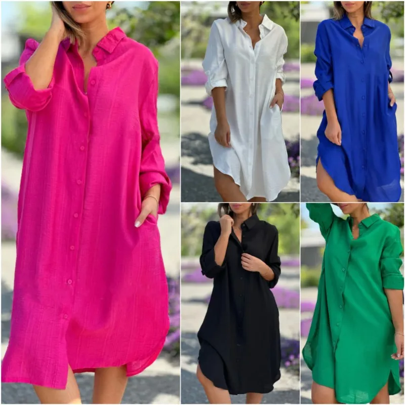 

Женское весенне-летнее белое мини-платье-рубашка, повседневное платье с длинным рукавом и карманом на пуговицах, офисная женская уличная одежда, розовые платья миди для женщин