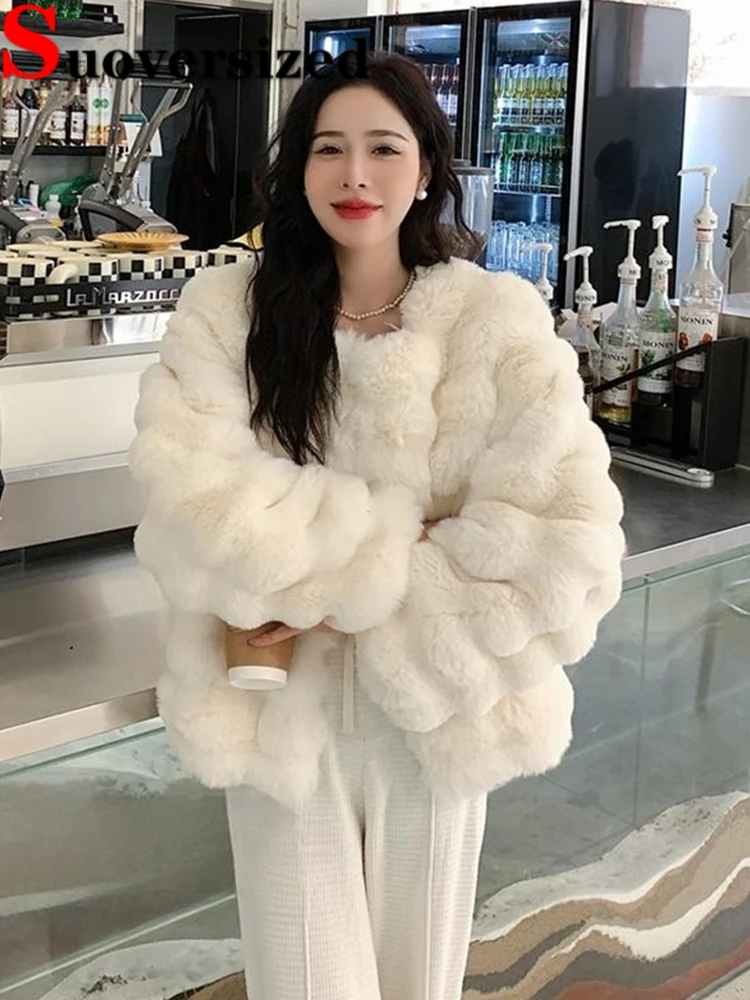 

Thicken Short Faux Rabbit Fur Jackets Luxury Winter Plush Chaquetas Korean High Quality Women Coat Elegant Warm Furry Overcoats