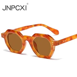 Jnpcxi Retro Bernstein Polygon kleine quadratische Frauen Sonnenbrille Retro Nieten Männer Schatten Mode Trend Outdoor-Sport Sonnenbrille