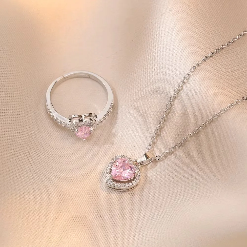 Charm Pink Heart Crystal Pendant Necklace for Women Temperament Silver Color Stainless Steel Collar Rings Jewelry Set Colorfast