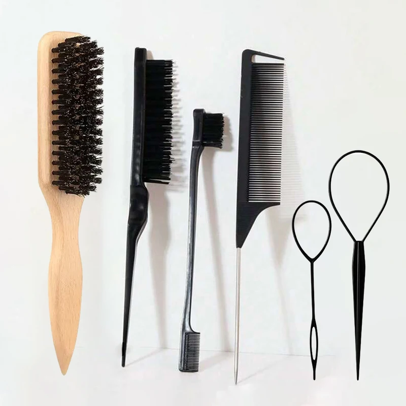 6Pcs Anti-static Hair Comb Set Bamboo Plastic Handle Detangling Dual-ended Split End Combs for All Hair Types Wig Care Travel