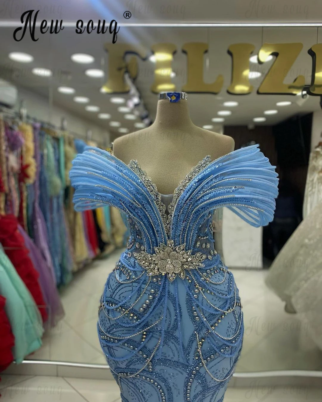 Elegante vestido De fiesta De boda con cuentas azules, vestidos De noche formales árabes De talla grande, vestidos De graduación con cristales brillantes